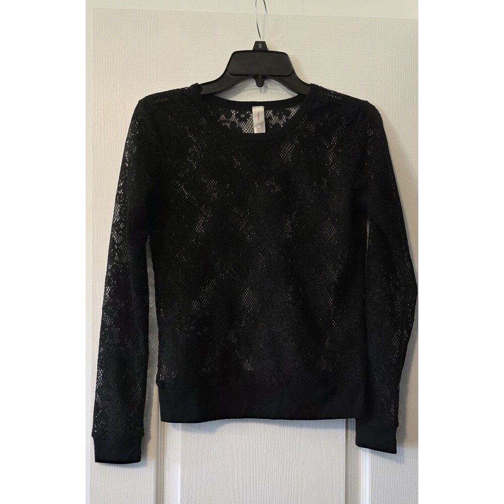 No Boundaries Black Floral Lace Long Sleeve Top Size S Sheer Overlay